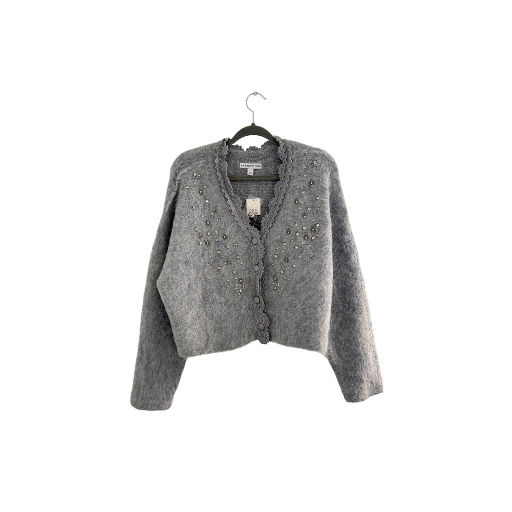 NWT AND NOW THIS Grey Fuzzy Rhinestone Cardigan Sweater New L - Picture 2 of 10